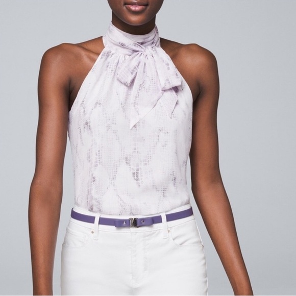 White House Black Market Tops - White House Black Market purple and white snake skin halter top - removable bow